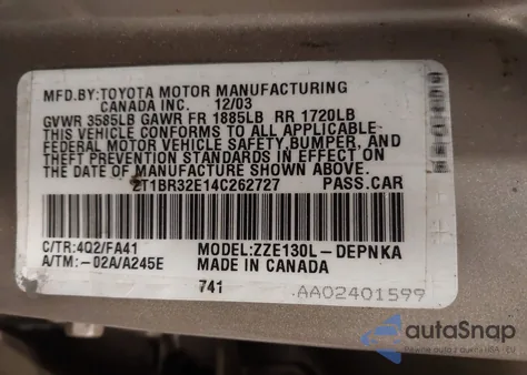 2004 Toyota Corolla Le из США, поврежденный, VIN 2T1BR32E14C262727